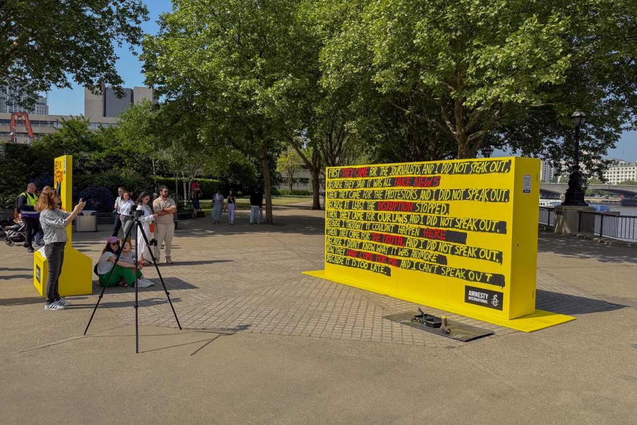 An installation from Amnesty International, featuring a statement adapted from Martin Niemoller's famous quote, is unveiled at South Bank on the eve of World Press Freedom Day, highlighting the increasing global threats to press freedom. 124 journalists were killed in 2024, the majority during Israel's attacks on Gaza.