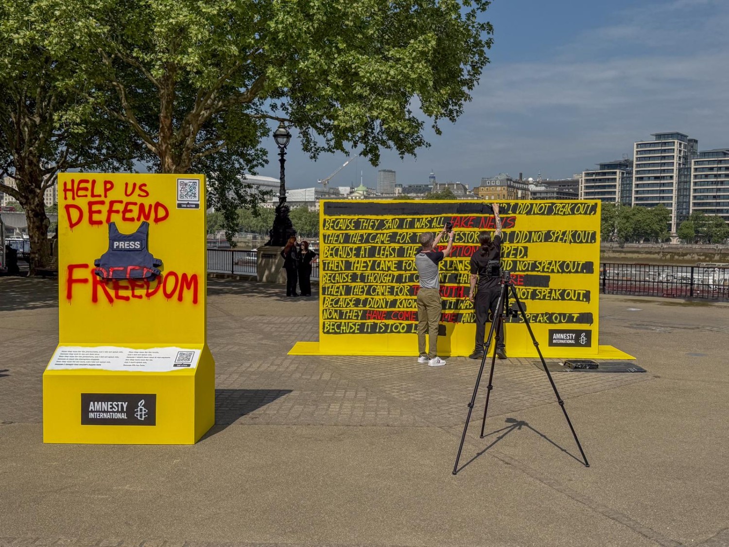 An installation from Amnesty International, featuring a statement adapted from Martin Niemoller's famous quote, is unveiled at South Bank on the eve of World Press Freedom Day, highlighting the increasing global threats to press freedom. 124 journalists were killed in 2024, the majority during Israel's attacks on Gaza.