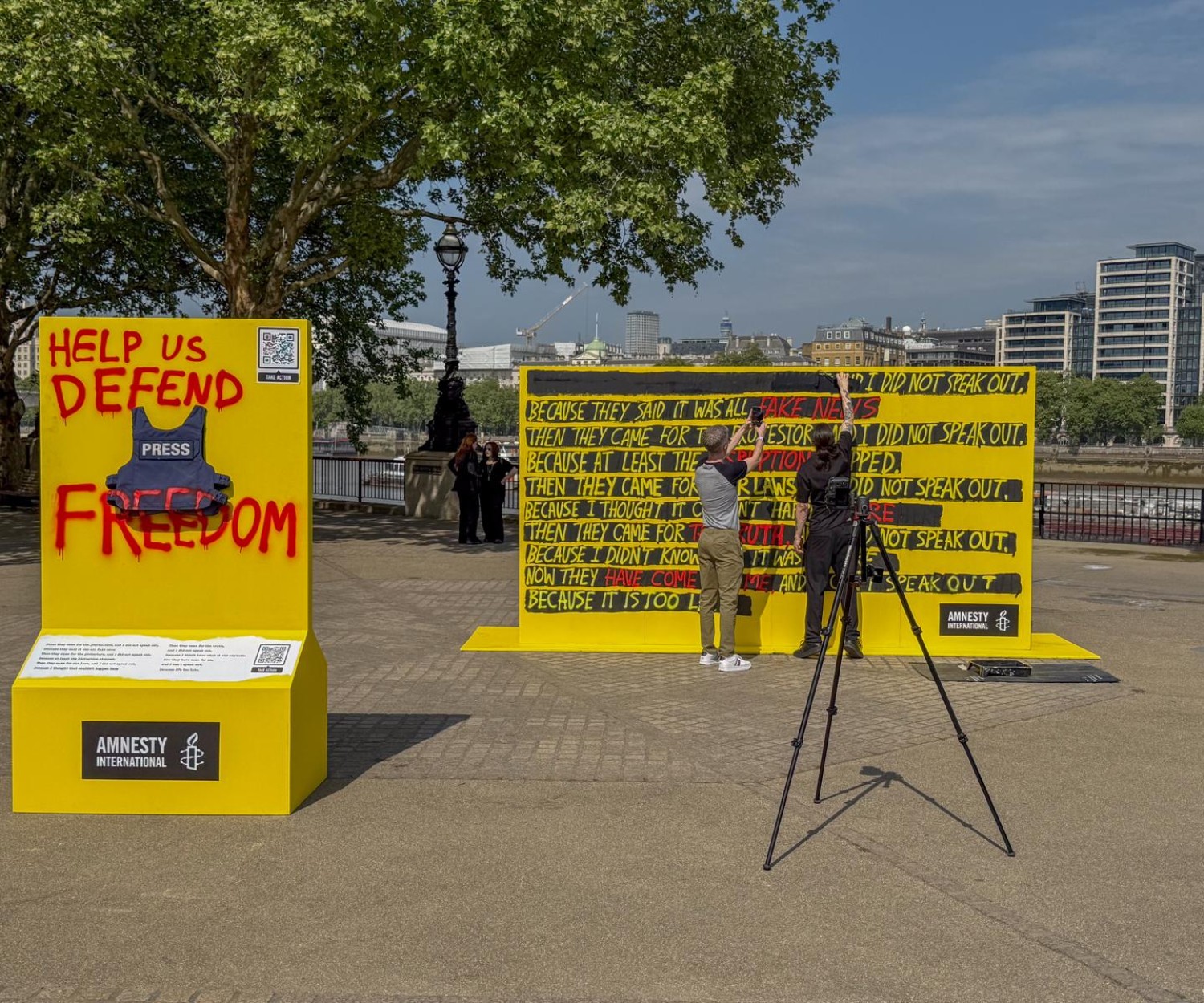 An installation from Amnesty International, featuring a statement adapted from Martin Niemoller's famous quote, is unveiled at South Bank on the eve of World Press Freedom Day, highlighting the increasing global threats to press freedom. 124 journalists were killed in 2024, the majority during Israel's attacks on Gaza.